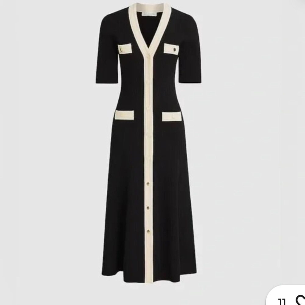 J. Crew Elbow-Sleeve Button Up Sweater Dress 2024 Black Ivory Ribbed Midi M‎
